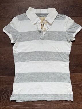 Hollister White and Gray Striped Polo Shirt